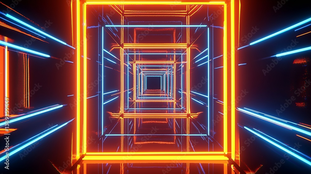 Fototapete Dynamic corridor with vivid neon lights illustrating a futuristic digital environment in architectural design : Generative AI