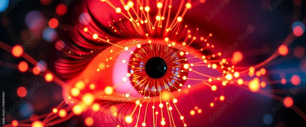 Poster abstract close-up of glowing digital network nodes forming an eye, pattern, machine learning