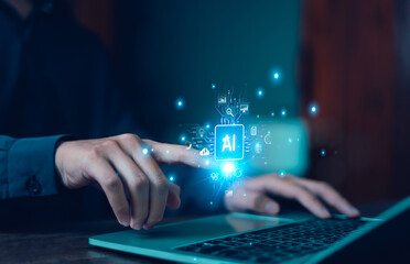  businessman using technology Global Internet connect Chatgpt conversation Chat with AI, Artificial...