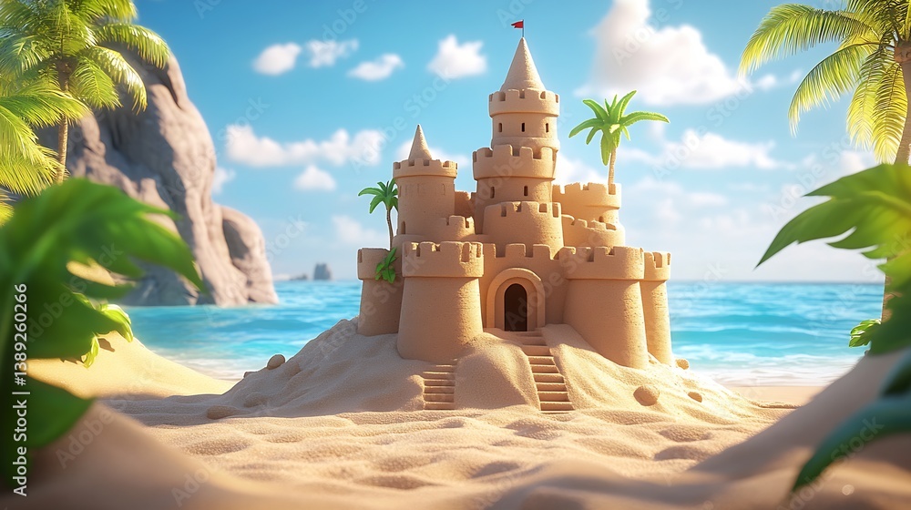 Poster intricate sandcastle design with towers on the shoreline capturing a perfect coastal scene : generat