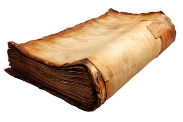 Ancient manuscript with weathered pages on a white isolated background.