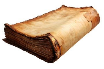 Ancient manuscript with weathered pages on a white isolated background.