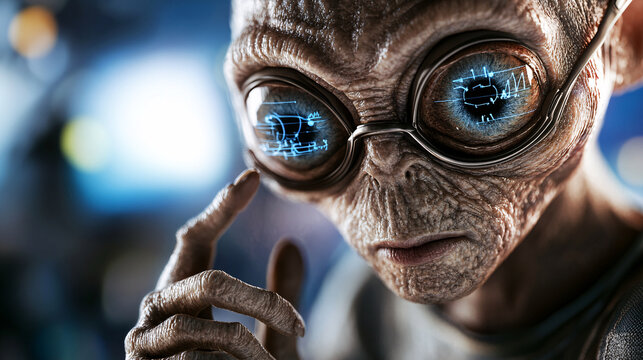 alien scientist with large glasses examines holographic data, focusing intently on laws of physics. scene is futuristic and detailed, highlighting advanced technology