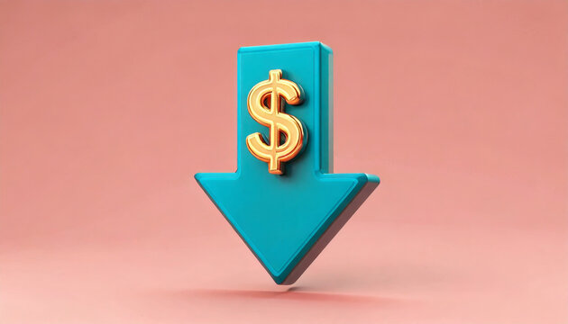 3D dollar sign on downward arrow symbolizes cost cutting strategies