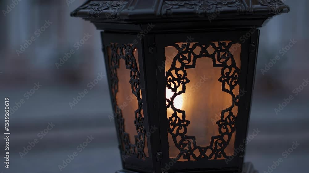 Poster close-up video of an ornate lantern with intricate patterns, softly glowing at dusk. captured from a