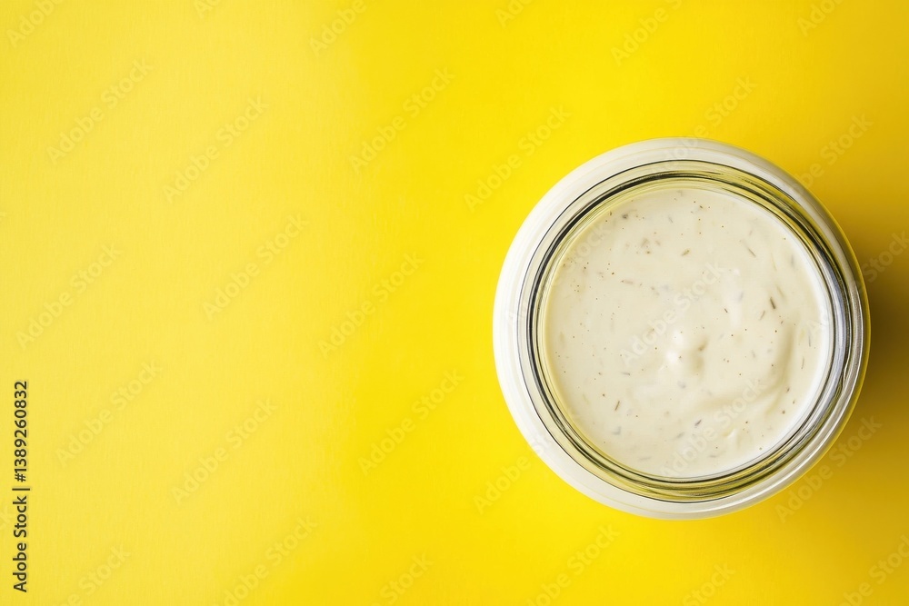 Poster creamy sauce in a glass jar on a vibrant yellow background creating a fresh and inviting culinary mo