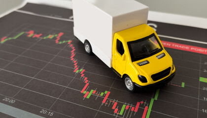 Paper graph and toy truck. Translation: sales, expenses, profits