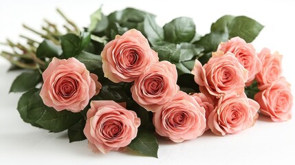 Obraz premium Roses bouquet with green leaves. Close-up shot of pink roses on a bright surface