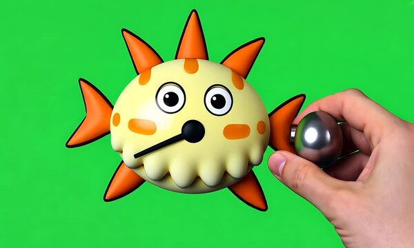 Cartoon pufferfish clock.  A cute, stylized clock design featuring a pufferfish character.  The clock has large eyes, a simple face, and orange spikes.  A hand is shown adjusting a metallic knob