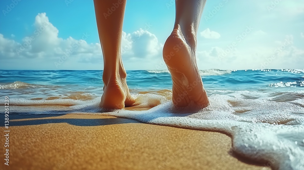 Aufkleber feet of a person wading in shallow waters on a bright sunny day at the beach : generative ai