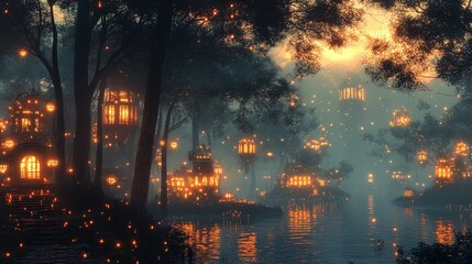 Fototapeta premium A surreal depiction of a glowing industrial forest powered by enchanted energy