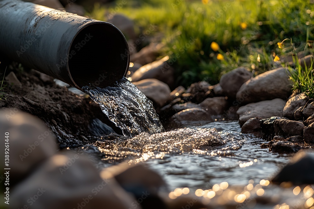 Aufkleber sun-kissed water delicately flows from a drainage pipe into a serene stream embraced by nature's sto