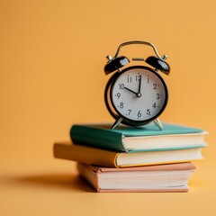 Alarm Clock on Books Still Life on Orange Background Education Concept