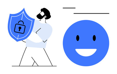 Person carrying shield with lock emphasizing safety and trust next to a happy face. Ideal for privacy, protection, cybersecurity, happiness, user satisfaction, digital safety, positive branding. Flat