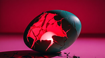 Glowing Red Light Emerging From Cracked Dark Teal Egg On Pink Background