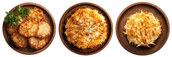  hash brown on wood plate, transparent background