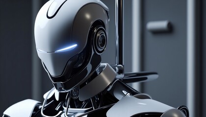 Futuristic Robot Head Close Up Shiny Reflective Surface Technology And Innovation