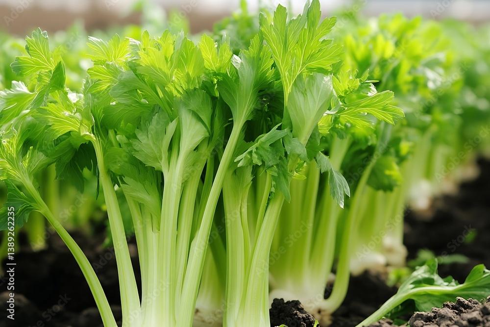 Poster rows of thriving green celery in soft soil under natural light showcasing healthy growth : generativ