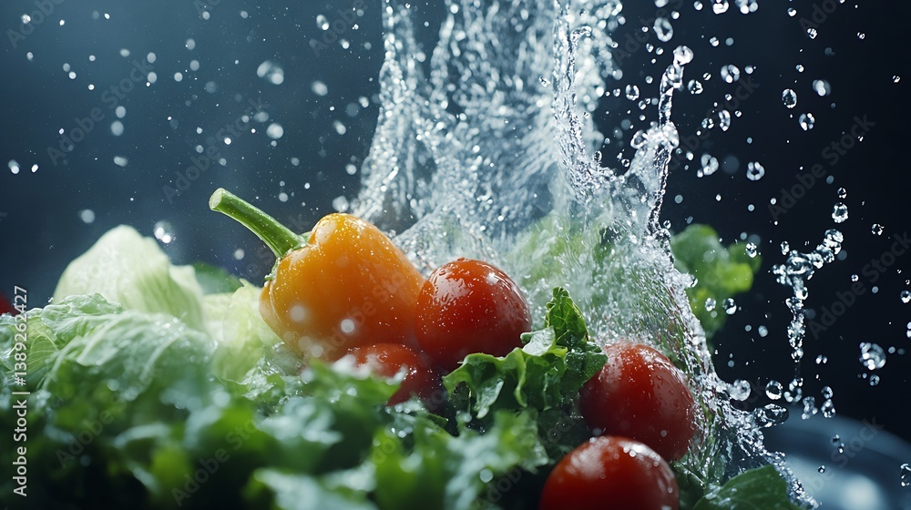 Poster vibrant splash of vegetables with rich colors highlighting fresh produce in a refreshing water scene