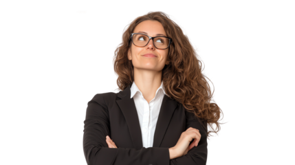 Confident businesswoman with glasses standing with arms crossed, contemplating future opportunities.