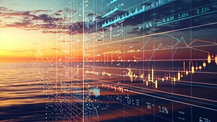 Sunset ocean scene overlaid with financial data visualization - Powered by Adobe