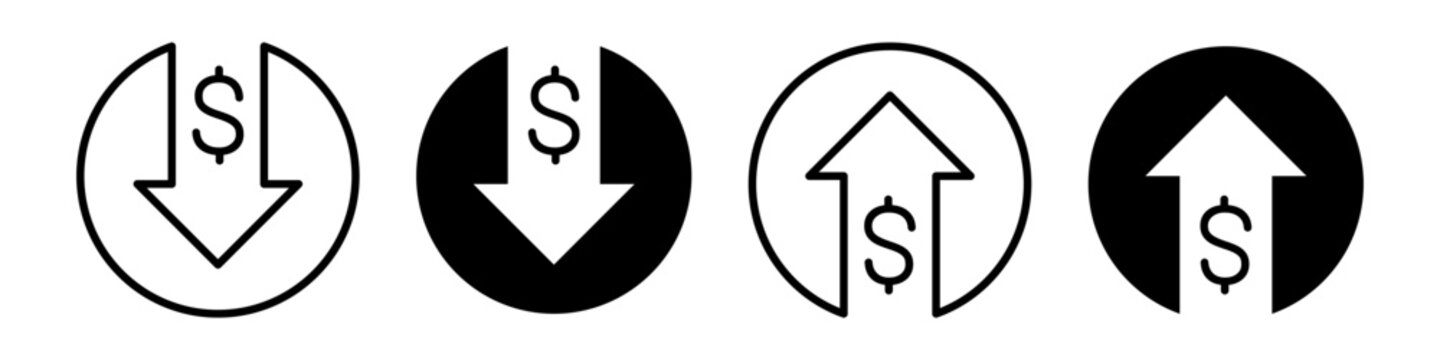 Vector isolated dollar increase decrease icon set in black outline and fill