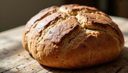 Fototapeta premium The freshly baked bread sits on a rustic wooden table, its golden crust glistening in the sunlight