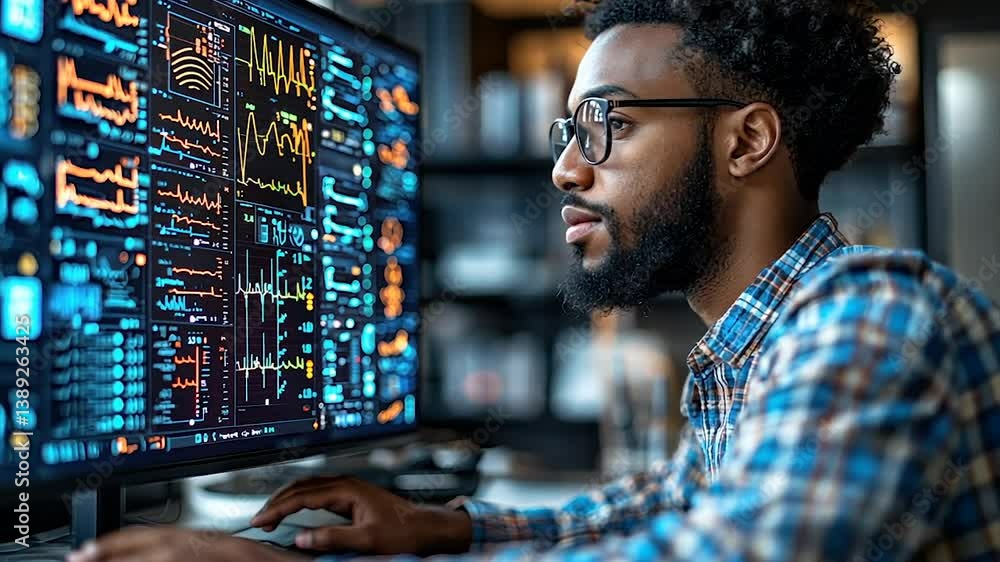 Poster focused man analyzing data on a large monitor