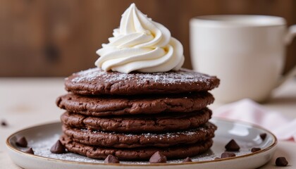 Indulge in a decadent homemade dessert featuring a stack of rich chocolate pancakes topped with a generous dollop of fluffy whippe