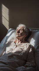 An elderly woman lying in a hospital bed, her face deeply expressing sadness and loneliness. Her body relaxed but her eyes telling a profound story of solitude.