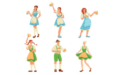 Beer Festival with People Characters Celebrating Holiday Vector Set