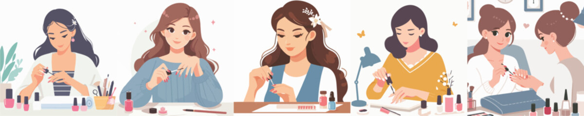 Vector of a woman doing nail art.