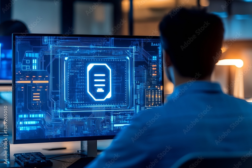 Poster Futuristic computer technology concept showcasing data processing and cybersecurity on a modern display : Generative AI