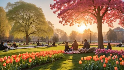 "A Lively Park in Spring: Golden Sunset and Vibrant Flowers in Full Bloom"