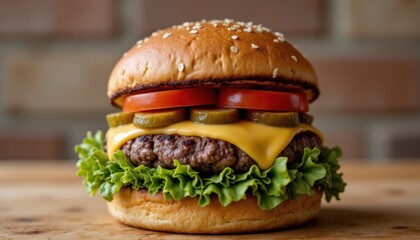 A juicy grilled burger made with freshly ground beef, topped with melted cheese, crisp lettuce, ripe tomatoes, and tangy pickles