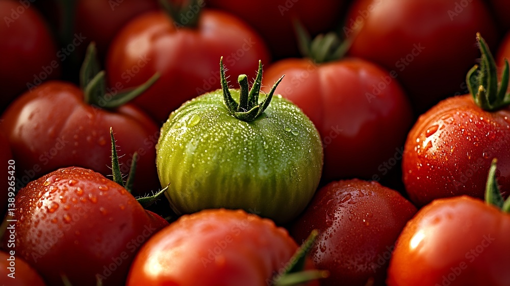 Poster Beautiful arrangement of glossy tomatoes with a focus on a unique green one in a vibrant display : Generative AI