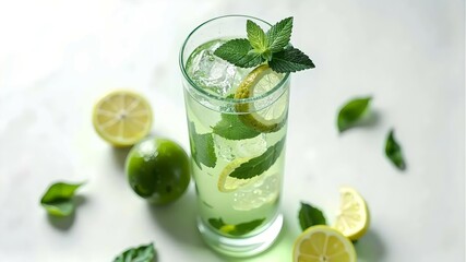 Fototapeta premium Fresh Lime Mojito with Mint Leaves and Ice Cubes on White Background