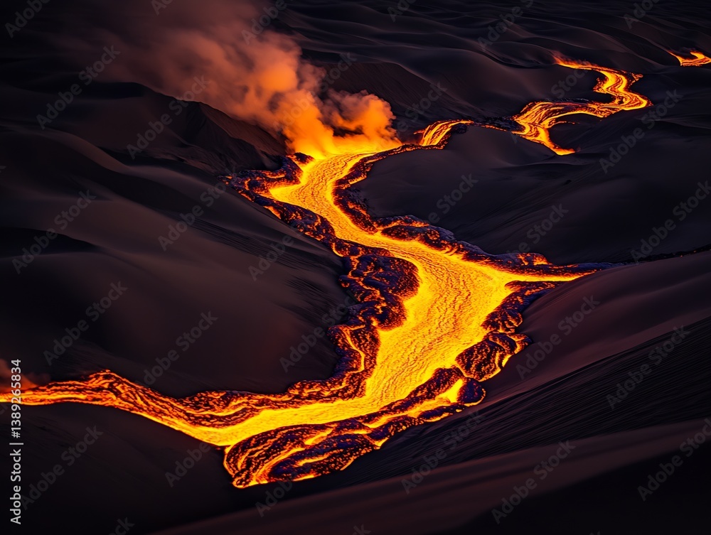Poster captivating image of molten lava meandering through a desolate volcanic terrain at dusk : generative