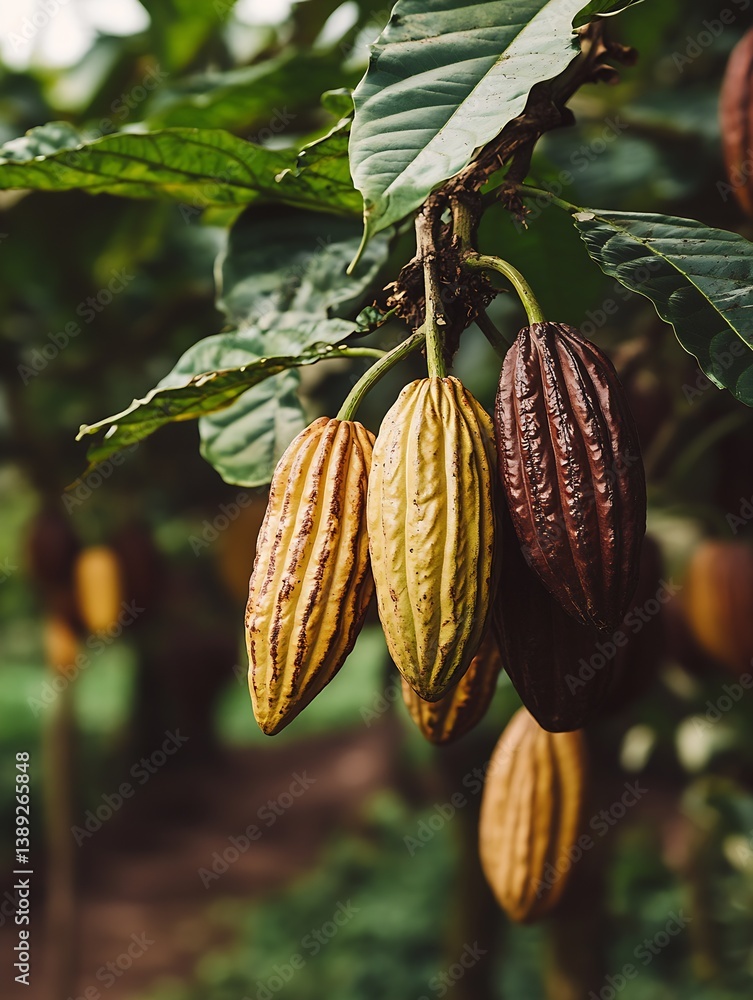 Poster close-up of cacao pods on a branch showing a variety of colors ready for picking in a tropical envir