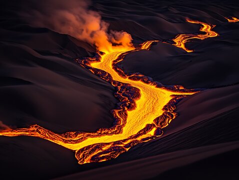 Captivating image of molten lava meandering through a desolate volcanic terrain at dusk : Generative AI