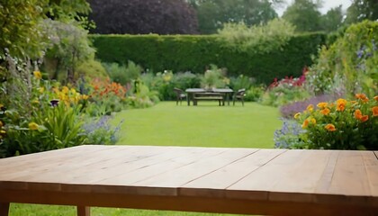 Naklejka premium Empty wooden product display table top with blurred garden background nature scene podium.advertising, blur, blurred, blurry, display, floor, montage, patio, perspective, product, 23