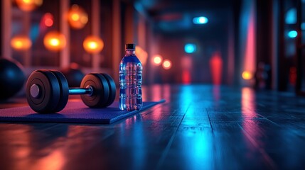 Dumbbell, water bottle, gym, workout, night, fitness, mat, floor, reflection, exercise
