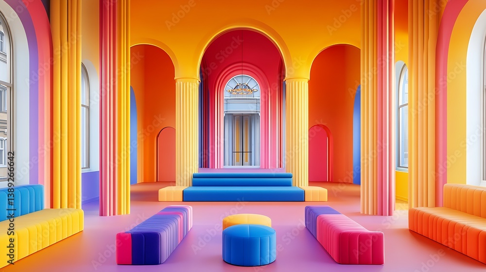 Poster vibrant and colorful interior design featuring bold shapes and bright colors in a modern space : gen