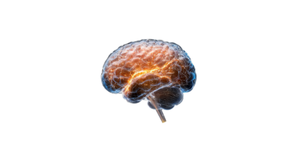 Illustration of a human brain with glowing neural connections on a black background.