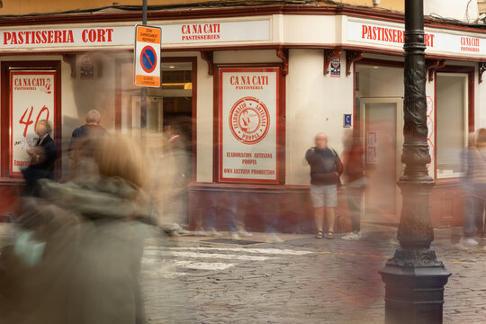 Palma de Mallorca, Spain - March 4, 2025 - Local ensaimadas shop in the center of Palma de Mallorca, Spain