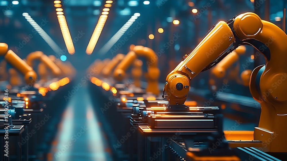 Aufkleber Robotic Assembly Line with Multiple Industrial Robots in a High-Tech Manufacturing Environment : Generative AI