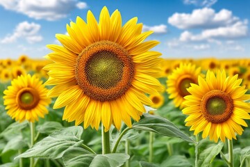 Fototapeta premium A close-up of a radiant sunflower field swaying in the breeze under a clear blue sky