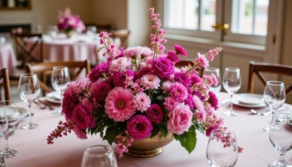 The table is adorned with a stunning arrangement of pink and purple flowers
