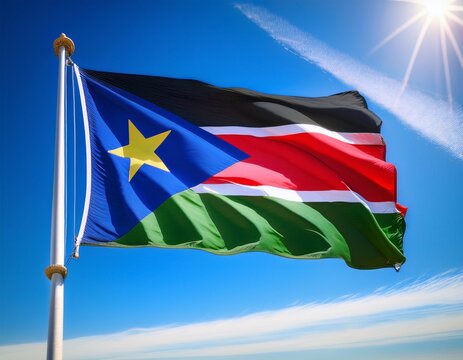 South Sudan flag waving with blue sky background