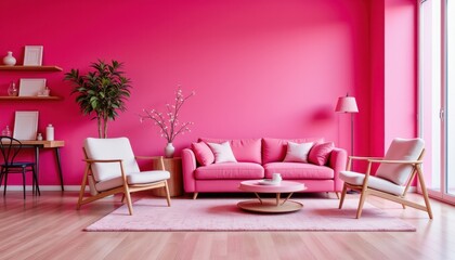 The comfortable modern apartment boasts bright pink walls that exude a vibrant energy